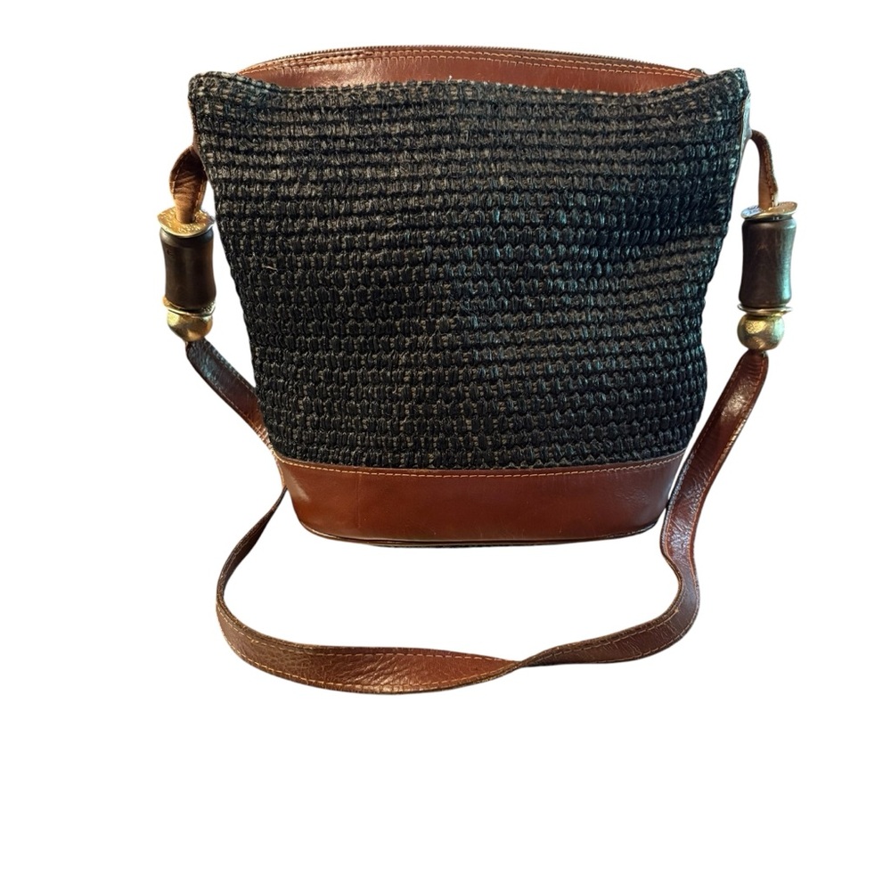 Black Woven Crossbody Bag with Brown Leather Trim Made In Italy
